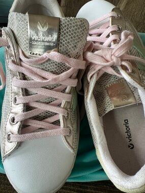 Victoria Women's Pink Snake-Print Low Top Sneakers with Metallic Accents